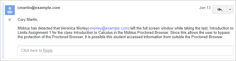 Sample email sent to the instructor explaining which student has exited full-screen mode.